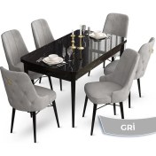 Resim Canisa Concept Taç Serisi 80X132 Açılabilir Siyah Mermer Desen Masa Takımı 6 Sandalye Gold Halkalı 