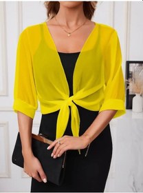 Resim Kadın Truvakar Kollu Önden Bağlamalı Kısa Şifon Bolero Ceket Sarı 