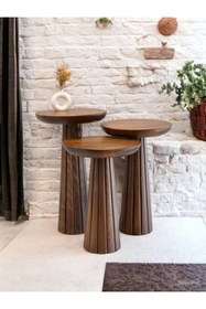 Resim Simillo Home&Living WOOD Wooden 3’lü Set Fitilli Mantar Yan Sehpa Modern Tik Ağacı Renk Fiskos 