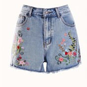 Resim Kadınların Nakışlı Kot Şortları, %90 Polyester %6 Viskon, Yaz Temelleri, Esnek Olmayan Dokuma Kumaş, Düz Renk, Kısa Boy, Düz Bacak, 382g/m² Ağırlık - Çiçek Deseni 