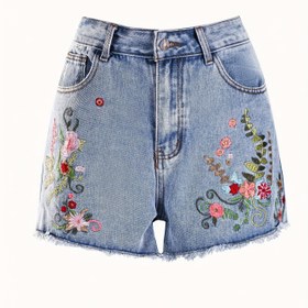 Resim Kadınların Nakışlı Kot Şortları, %90 Polyester %6 Viskon, Yaz Temelleri, Esnek Olmayan Dokuma Kumaş, Düz Renk, Kısa Boy, Düz Bacak, 382g/m² Ağırlık - Çiçek Deseni 