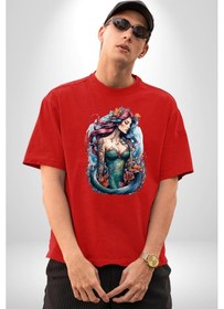 Resim Deniz Kızı Çiçek Pamuklu Bisiklet Yaka Unisex Oversize Boyfriend Dijital Baskılı Kırmızı T-shirt Kırmızı 