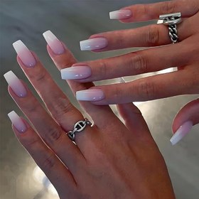Resim 24 Parça Balerin Yapıştırmalı Tırnak - Uzun Nude ve Pembe Ombre Fransız Stili, Parlak Jel Çıkartmalı Kadınlar İçin 12 Boyutlu 24'ü 1 Paket 