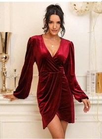 Resim Deligüzel Banabu Kadın Kruvaze Yaka Pileli Kadife Elbise Bordo 