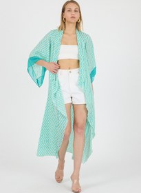 Resim Laranor Puantyeli Şal Yaka Kol Ucu Saten Detay Volan Kol Şifon Maxi Kimono Kaftan Plaj Giyim 25L8115 