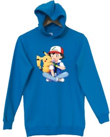 Resim Raf Coll Turkuaz Mavi Çoçuk Kapüşonlu Sweatshirt Pikacu Pokemon Dijital Baskılı Iki Iplik 