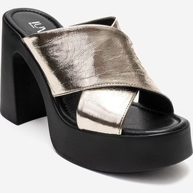 Resim Luvishoes Essenza Altın Hakiki Deri Çapraz Bantlı Kadın Platform Blok Topuklu Terlik Altın 