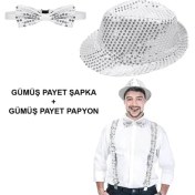 Resim Gümüş Payetli Şapka ve Papyon Seti – Parıltılı Yetişkin Kostüm Seti 
