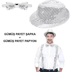 Resim Gümüş Payetli Şapka ve Papyon Seti – Parıltılı Yetişkin Kostüm Seti 