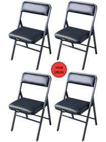 Resim Hey 4'lü Katlanır Kamp Sandalyesi Piknik Sandalyesi Siyah Deri Siyah 