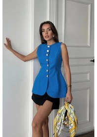 Resim Defymoda Jakar Keten Yelek Belden Oturtmalı Gold Düğmeli - Mavi Mavi 