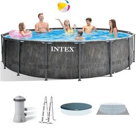 Resim İntex 26742np Greywood Yuvarlak Prefabrik Aile Havuzu 457x122cm Filtre+merdiven+örtü Set 