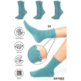 Resim Saysez Bambu Kadın Lastiksiz Yeşil Fırfırlı Soket Dikişsiz Çorap 3'lü Paket / İz Bırakmaz / Sıkmayan Çorap Renkli 
