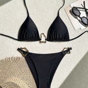 Resim Tek Renkli Kadınlar için Seksi Metal Süslemeli Bikini Mayo 