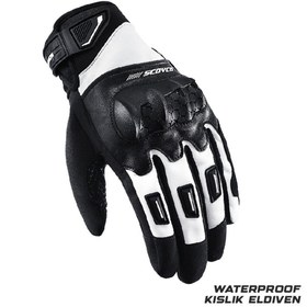 Resim MOTOANL Motosiklet Kışlık Eldiven Waterproof Oxford ve Deri Kumaş Premium Motor Korumalı Eldiveni Beyaz 