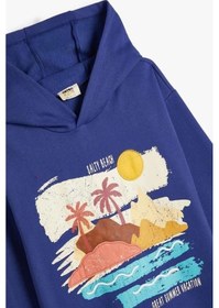 Resim Koton Erkek Çocuk Kapşonlu Sweatshirt Uzun Kollu Tropik Baskılı Şardonlu Mavi 
