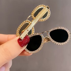 Resim 1 adet-2 adet Mini Moda Gözlük Saç Tokası - Şık Oval Reçine Patlama ve Yan Ördek Gagası Aksesuarıyla Altın Çerçeve ve Parıltılı Vurgular, Herhangi Bir Saç Modeline Cazibe Katmak İçin Mükemmel 