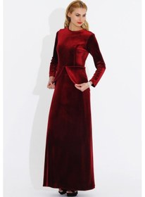 Resim Nidya Moda Büyük Beden Kadife Peplumlu Elbise-4044B Kırmızı 