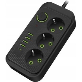 Resim Akım Korumalı Grup Priz, 3 Lü 1.5 Metre Kablolu, 4 Usb Li + Type-c, 3000w, 16 Amper, Kablo Üstünde Termal Koruma Sigortalı, Elektronik Ürünlerde Tam Koruma, Çocuk Korumalı, Topraklı Sıyah 1 