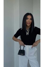 Resim DAMGA Collection Kadın Polo Yaka Gold Düğmeli Kısa Kol Triko Bluz 