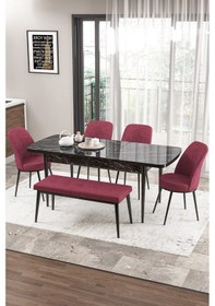 Resim Canisa Zen Serisi 80x132 Mdf Açılabilir Siyah Mermer Desen Masa Takımı 4 Bordo Sandalye Ve 1 Bench Masa Siyah Mermer Desen Sandalye Bordo 