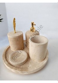 Resim Sarı Traverten Klasik Model 5 Parça Gold Renk Kuş Tüyü Aksesuarlı Banyo Seti Sarı Traverten 