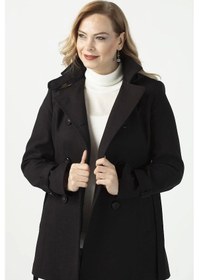 Resim 2412 Siyah Kruvaze Kol Apoletli Büyük Beden Kaşe Kaban Siyah 