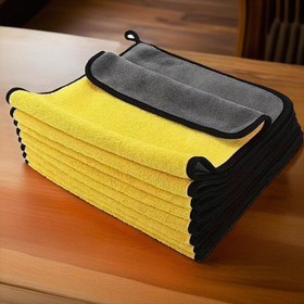 Resim 5'li Paket Çift Taraflı Mercan Polar Mikrofiber Temizlik Bezleri - Yüksek Emicilikte Yeniden Kullanılabilir Havlular, İki Renkli Tasarım (Sarı ve Siyah), Ev, Mutfak, Araba, Banyo, Cam Temizliği, Bulaşık Havluları için Kare Şekil 