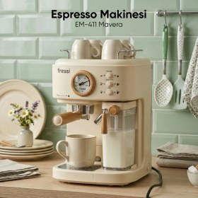 Resim Fressi EM-411 Mavera Ahşap Detaylı 20 Bar Güçlü Espresso Makinesi - Krem 