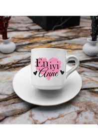 Resim En İyi Anne Kalp Baskılı 2'li Türk Kahve Fincanı & Metal Mum Hediye Seti Anneye Hediye T3 