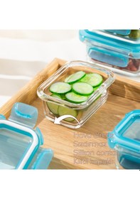 Resim Porsima 4376 6lı Sızdırmaz Kilit Kapaklı Yiyecek Erzak Saklama Kabı Seti - Cam Saklama Kabı - 150ml Mavi Mavi 