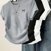 Resim 3 Adet Kadın Slim Fit Günlük Tişörtler - Fiyonk Baskı & Pilisli Etek Detayı, Düz Renk Yuvarlak Yaka Kısa Kollu Üstler, Makinede Yıkanabilir Her Mevsim Rahatlık, Bayan Tişörtleri, Şık Kazak, Hafif Kumaş 