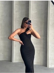 Resim Krinkıl Tek Omuz Uzun Elbise Siyah S25455 Siyah 