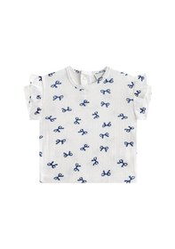 Resim Antebies Organik Gots Sertifikalı Mavi Kurdele Jakar Arkadan Çıtçıtlı Fırfırlı Kız Bebek Tshirt 