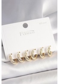 Resim 925 Ayar Gümüş Çivi Pirinç Gold Renk İşlemeli Halka Model Kadın Küpe Seti - Tj-bkp10411 Çok Renkli 