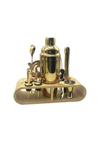 Resim Ahşap Standlı 12 Parça Çelik 750 Ml Shaker Bar Tokmağı Jigger Seti Barmen Seti Altın 