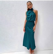 Resim Novahub Kadın Yaz Gece Elbisesi Kolsuz Zarif Halter A-line Yüksek Bel Uzun Elbiseler Düz Renk Göl Mavisi - M Göl Mavi 