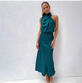 Resim Novahub Kadın Yaz Gece Elbisesi Kolsuz Zarif Halter A-line Yüksek Bel Uzun Elbiseler Düz Renk Göl Mavisi - M Göl Mavi 