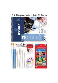 Resim Canson Çok Amaçlı Sanatsal Blok A4 200 Gr 20 Yaprak 1 Adet 21 Renk Sulu Boya Fırça Palet Spatula Fırça Temizleme Kabı 