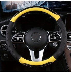 Resim Xuweiwei Dalgalı Sarı Evrensel Direksiyon Kılıfı Delikli Pu Deri Kaymaz Nefes Alabilir Ter Emici Dalgalı Sarı 