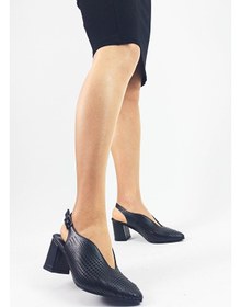 Resim Hakiki Deri Siyah Renk Lazer Kesim Kalın Topuk Kadın Topuklu Sandalet Siyah 