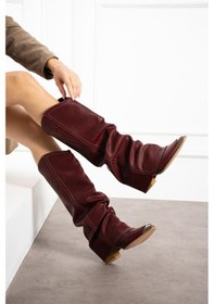 Resim Shoetek Lavem Kadın Çizme Kovboy Körüklü Bordu Mat Deri Bordo 