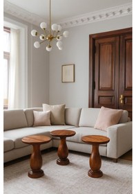 Resim Fındık Renk Ahşap Mantar Sehpa Seti 3 Lü Doğal Fiskos Ve Zigon Sehpa Kahverengi 