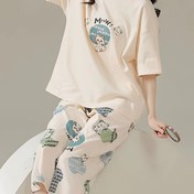 Resim Bayanlar için rahat kedi ve slogan baskılı pijama takımı - kayısı rengi yuvarlak yaka kısa kollu üst ve elastik bel pantolon, makinede yıkanabilir, yazlık ideal, bol kesim polyester lastik karışım 