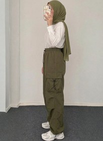 Resim Tesettür Diyarı Kadın Ekstra Baggy Kargo Cepli Keten Pantolon- Haki 