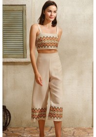 Resim Man9822-1039 Anıl Ev Giyim Man9822 Kalın Askılı Oyuk U Yaka Kadın Geometrik Yazlık Uzun Nakış Detaylı Pijama Takımı Anıl 9822 Krem 