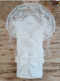 Resim Dantelli Özel Taçlı Bebek Kundağı Unisex Bebek Dış Kundak Battaniyesi Hastane Çıkışı Hediyelik Ekru 