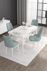 Resim Canisa Noa Serisi Beyaz Mermer 80x132 Açılabilir Masa Takımı 4 Su Yeşili Sandalye Gümüş Halkalı 