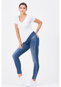 Resim Busa Hamile Kot Pantolon Skinny Leoparlı Yan Şerit Mavi-mavi 