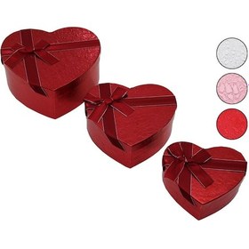 Resim 3pcs Kalp Parlak Renkli - Kabartma Desen Karton Hediye Kutusu Kurdelalı 15-18-21cm Karışık 
